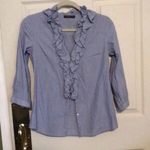 THML Womens Ruffled Blue & White Striped Shirt